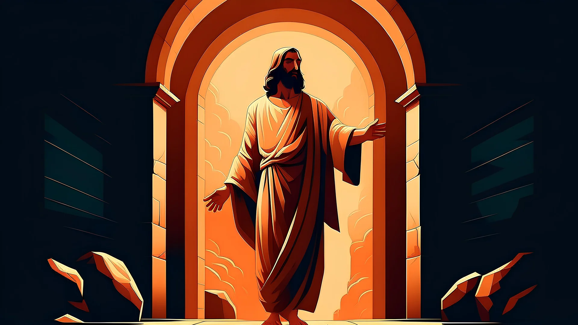 Jesus Christ standing at the entrance to the tomb. AI generative