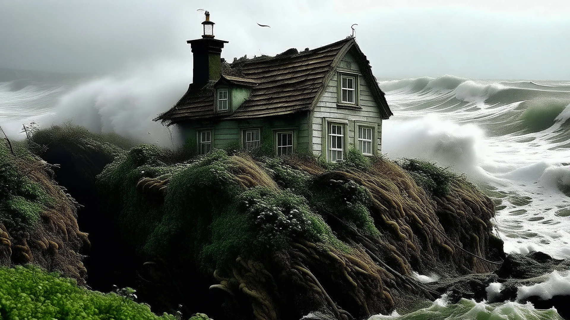 Home defying the fury of the sea: smoking chimney, ivy-covered roof and white windows amidst violent waves.