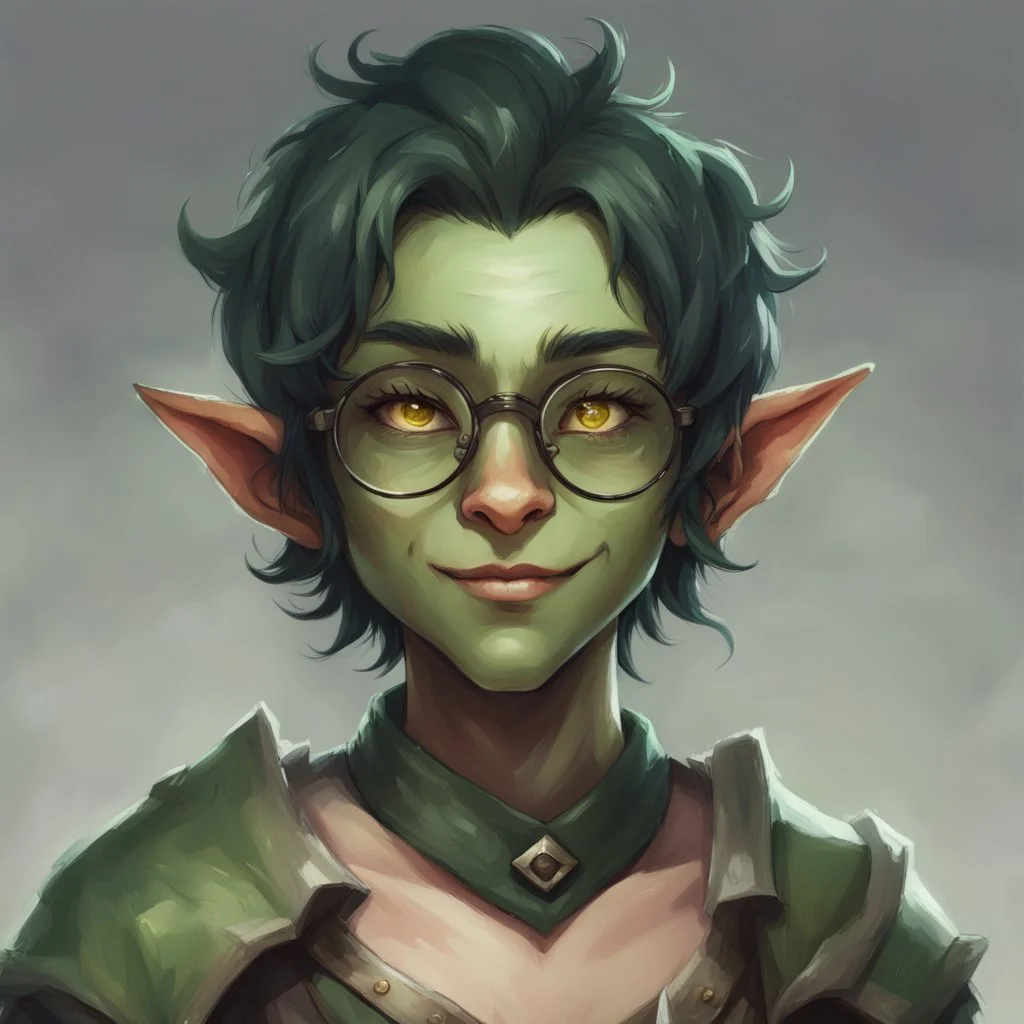 dnd, portrait of cute young orc-elf femboy, black hair, short hair, curled hair, hair covering one eye, emo hair, round glasses, tusks, sharp teeth, yellow eyes, flat chest, mage, magic, nose ring, twink, smile, sharp teeth, all green skin, round face, small nose, shy expression, green ears, green lips, green nose, petite