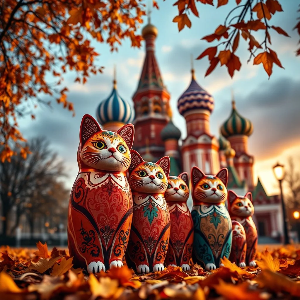 /imagine richly detailed Russian Matryoshka cats in vibrant hues, decorated with intricate patterns, positioned by size in front of Saint Basil’s Cathedral, surrounded by falling autumn leaves, glowing sky, cinematic warm tones, ultra-realistic 8K --v 7
