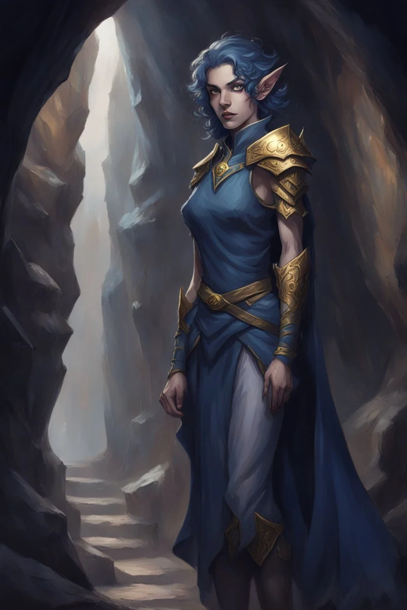 Dnd character in a dark cave. Leaning against a wall. A female Elf twilight cleric with super curly, super short, dark blue hair and golden eyes, wearing gray and dark blue robes. With tattoos. Etheral, very muscular, broad.