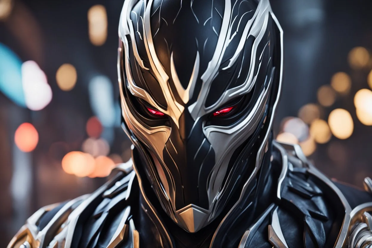 Jhin venom in 8k live action artstyle, white jhin mask, normal eyes wapen, close picture, neon lights, intricate details, highly detailed, high details, detailed portrait, masterpiece,ultra detailed, ultra quality