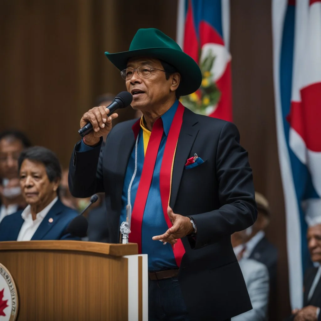 imágen retro of Gustavo Petro serious with hat, jeans and shirt no lentes speaking in a speech