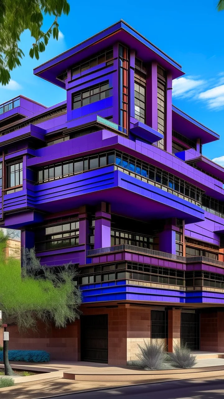 A purple factory with a library painted by Frank Lloyd Wright