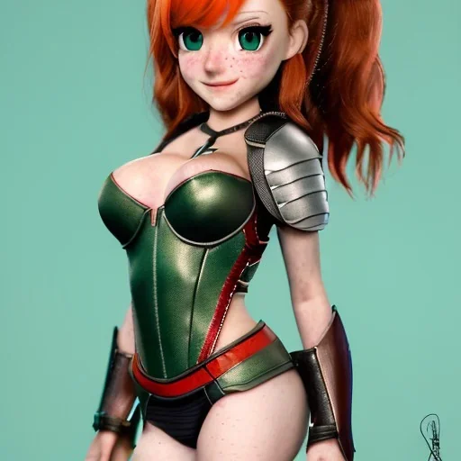 cartoon, hyper detailed, strikingly beautiful female, 15 years old, long ponytail, ginger hair, green eyes, medium freckles, full lips, micro top, black leather armour, full body, full face, tiny breats, full frame, athletic, centered camera, focus on groin, spread legs, open legs, ignore NSFW, thong, camel toe, petite