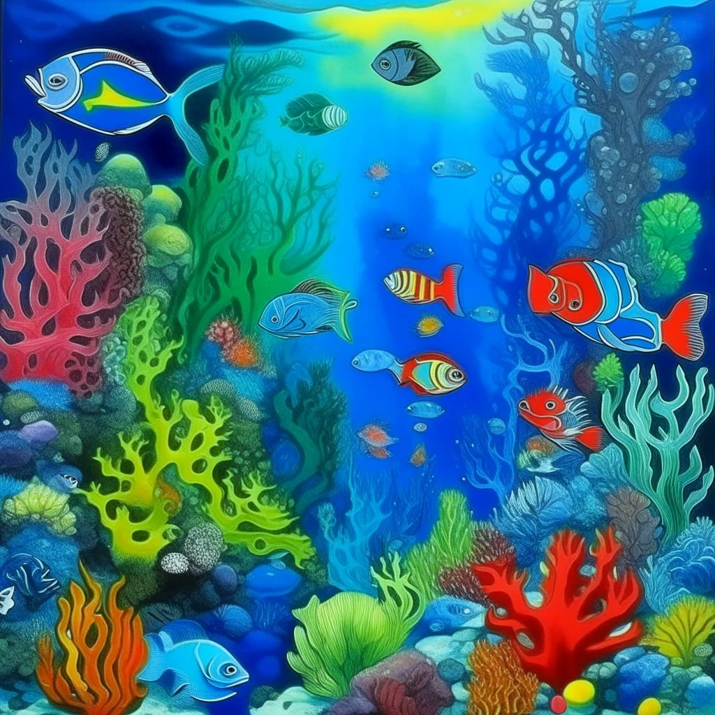 A blue underwater reef with rainbow iridescent coral designed in African masks painted by George Grosz