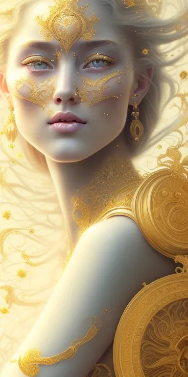 ultradetailed beautiful portrait painting of love Aphordite with short flowing golden hair and sharp piercing gaze of deep grey eyes, alluring beauty, smiley lip, wearing diamond-jewels, roses, ultra ornate, gold leaf deatils, wearing white dress, by conrad roset, greg rutkowski and artgerm, trending on artstation