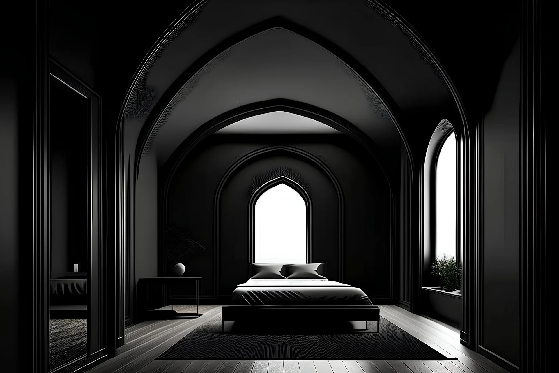 arched ceiling black minimalistic bedroom