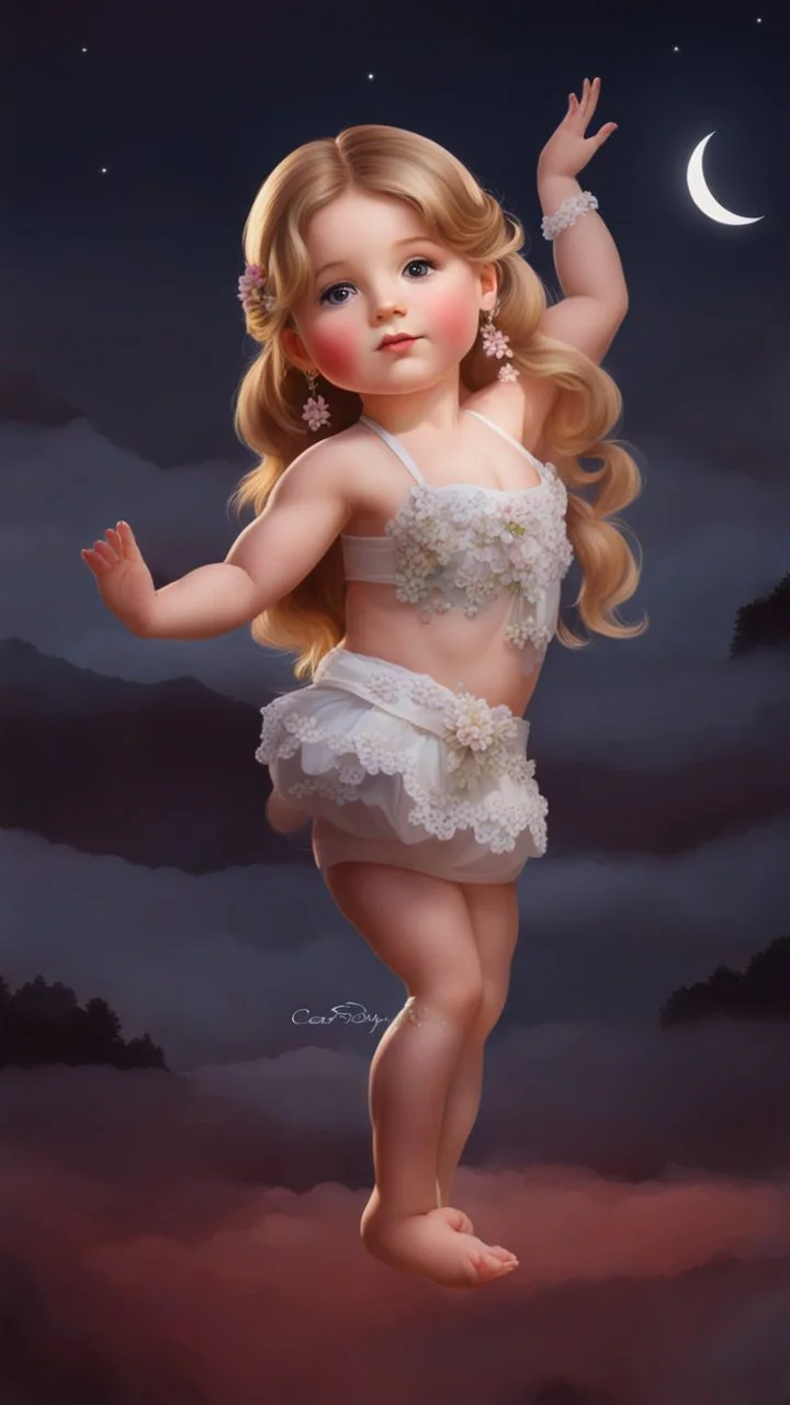 cartonish child babay,standing in country side with flowers,trees.