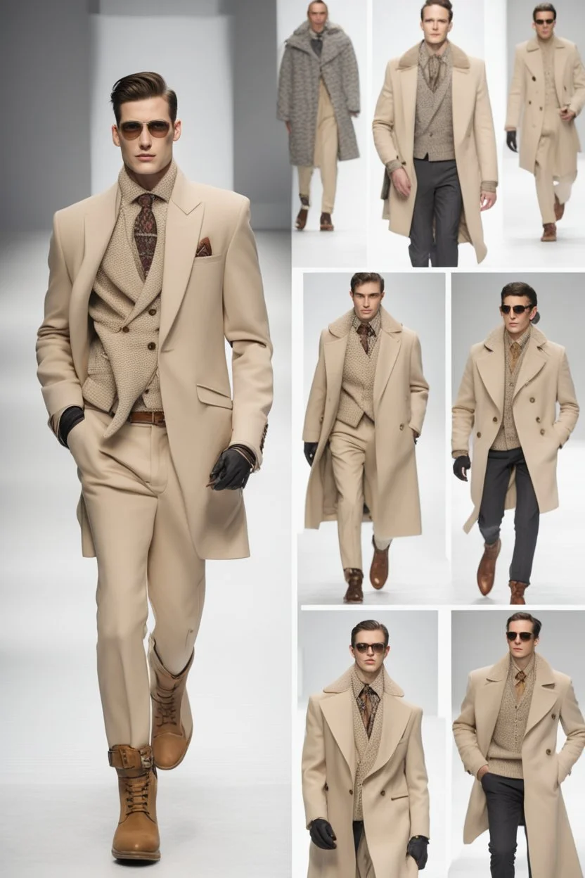 a men winter fashion runway with industrial clothes inspired by Superman style, embroidery elegante fashion beige tones