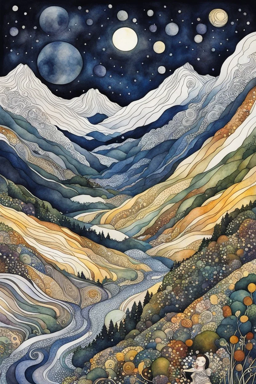 random watercolor Zentangle patterns in the styles of Gustav Klimt ,Wassily Kandinsky, Alphonse Mucha, and Kay Nielsen that depicts a a lonely valley , high in the Caucasus mountain, cast in the deep shadows of a midnight moon, highly detailed, with fine ink outlining