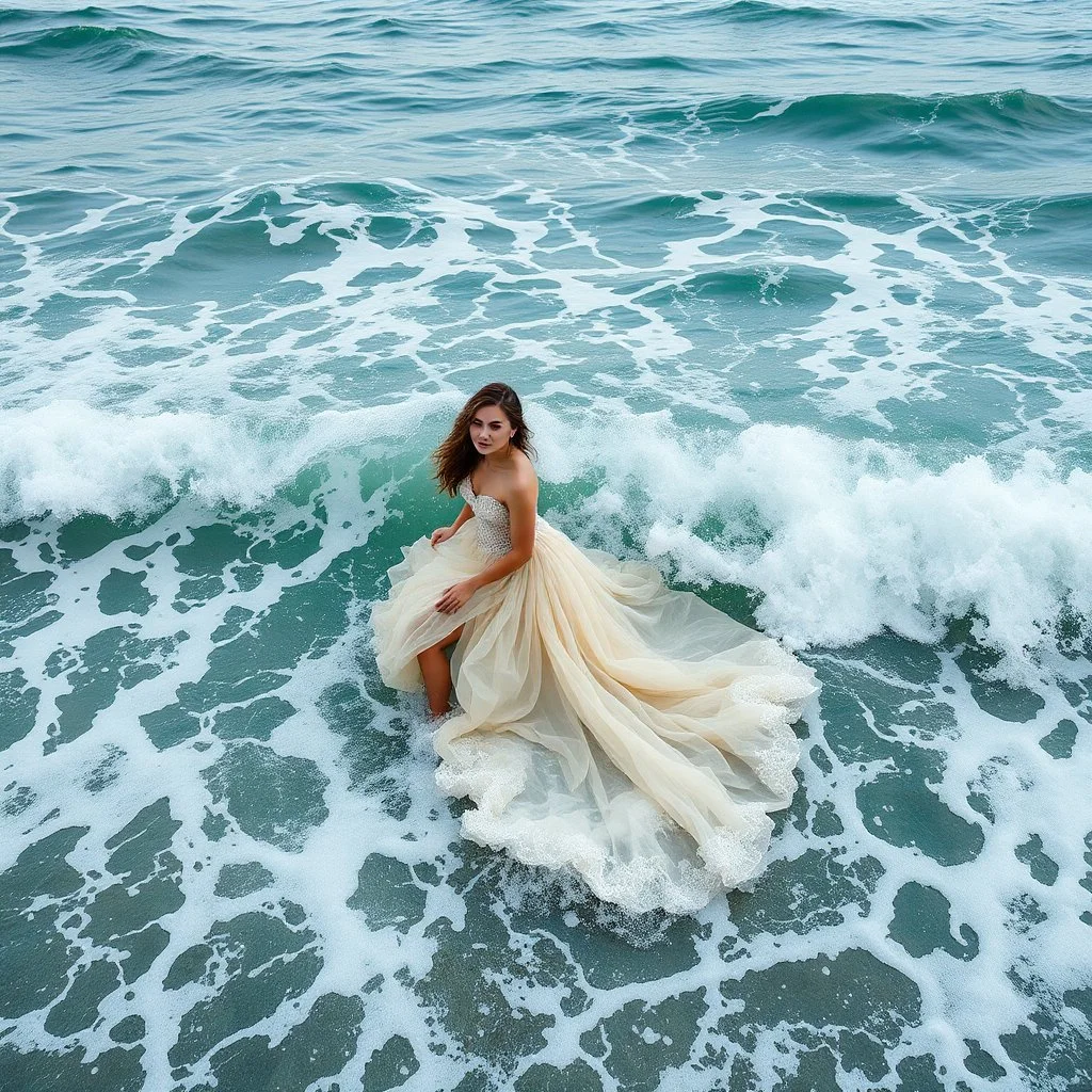 Born of the Ocean Where the sea becomes a gown and every wave moves with her. A moment of gown in waves ,looking at camera ,moving in wavy water