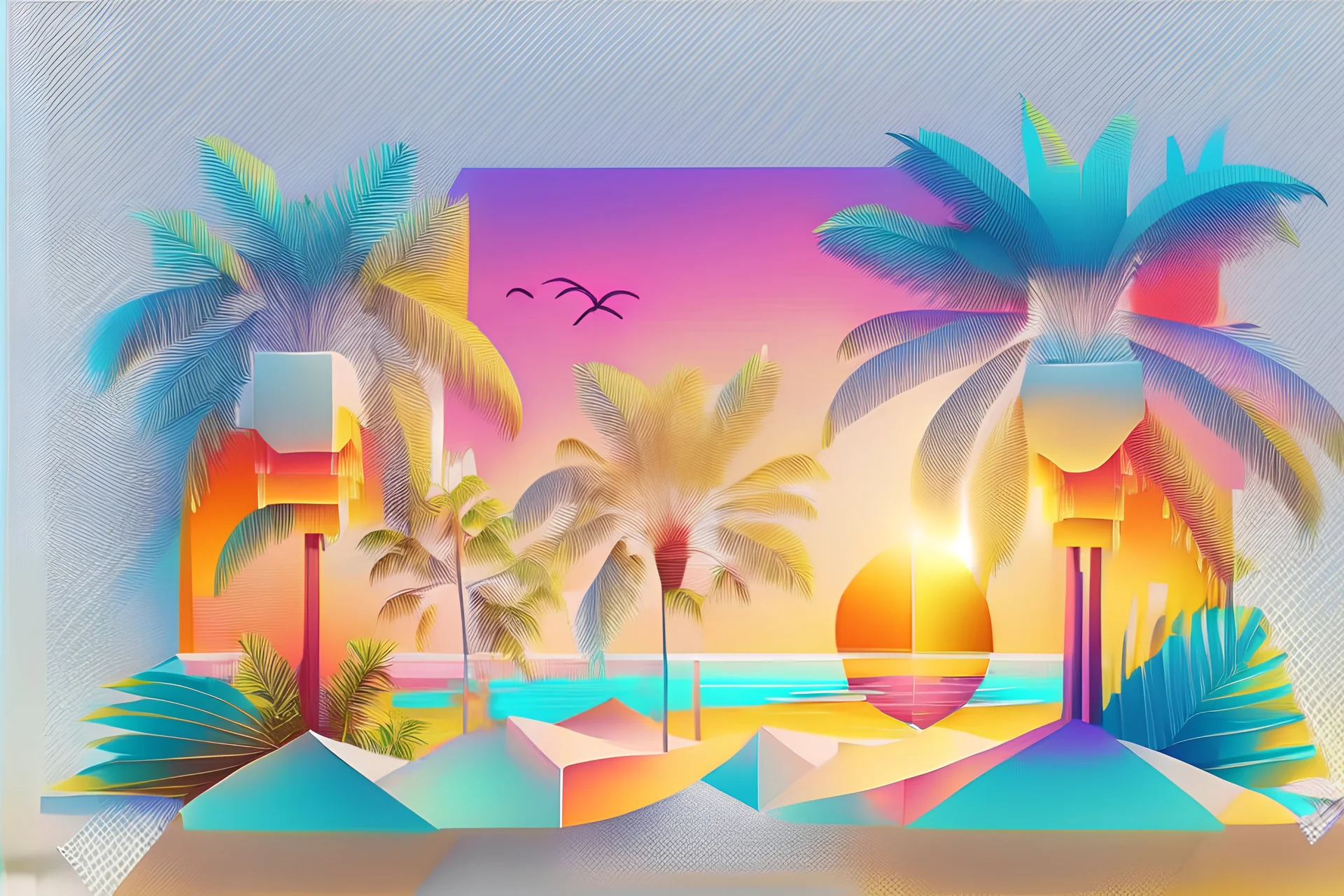 artwork FOR quality graphic design, of majestic palm trees, tropical fruits, flowers, sunset, summer, rectangular shape, white background, colorful tones, highly detailed cleanliness, vector image, photorealistic masterpiece, professional photography, realistic , flat white background, isometric, vibrant vector, clip art, illustration, realism, 4k, , , front view,