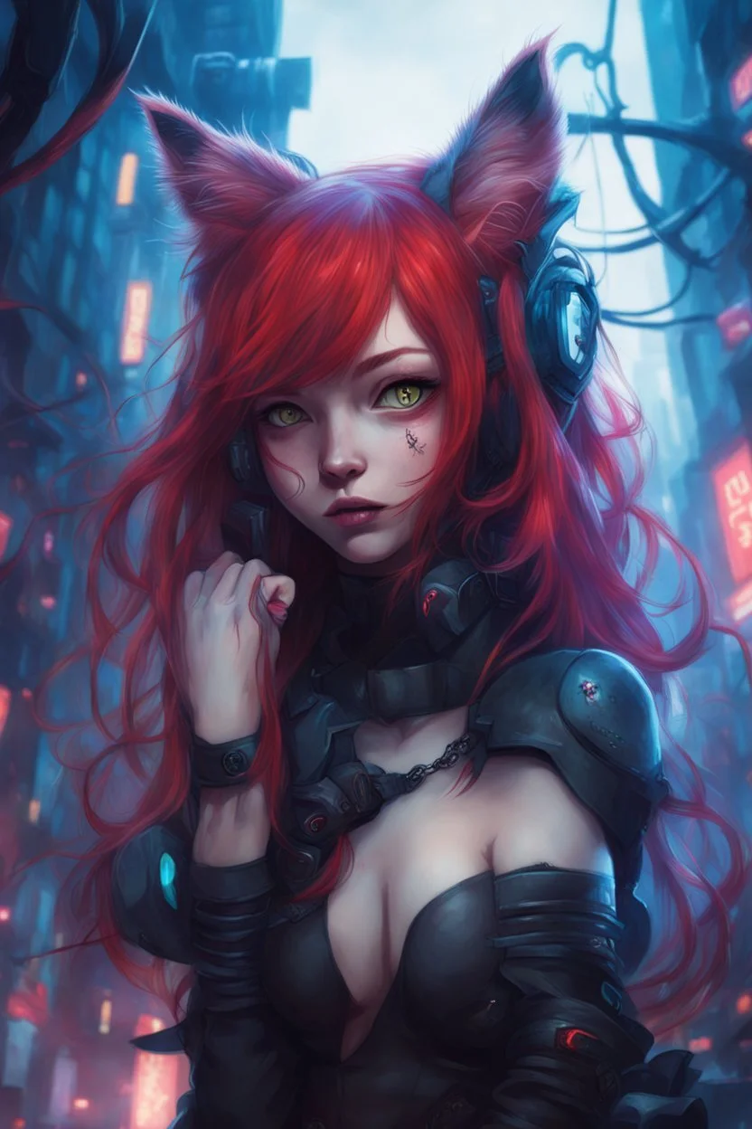 CAT GIRL, FANTASY, VINES, SOULLESS, FLUFFY TAIL, RED HAIR, CYBERPUNK