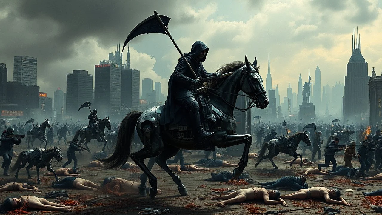 cyberpunk interpretation of Bruegel's "The Triumph of Death", capturing the symbolic "harvest" of humanity. this is terror. A dystopian metropolis under smog sky, where cybernetic grim reapers are executing physical harvest. Many of humans citizens killed an army of cyberwarrior androids and robots, panicking running people, many bodies lying on the ground. a cyber-death warrior in black hood with futuristic gun on a mechanical-robot horse, thriller, detailed, cinematic