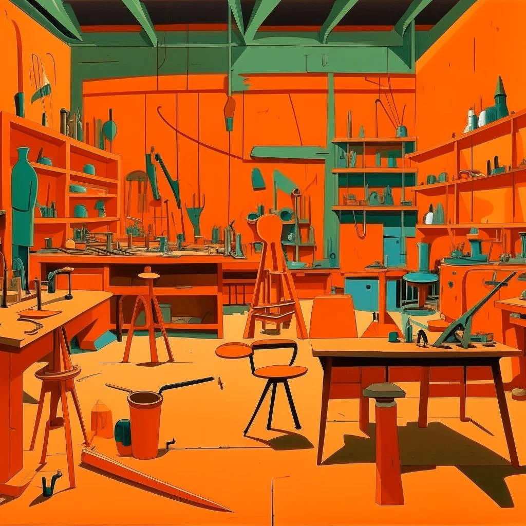 An orange colored workshop made out of wood painted by Stuart Davis