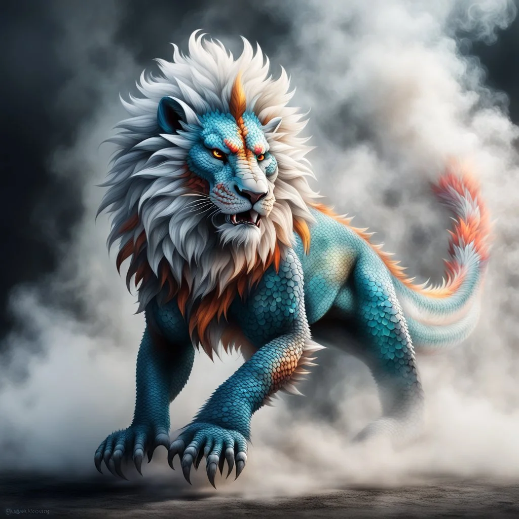 a sturdy colorful lion-like asian dragon with curly white fur, smokey breath and fire, claws, spikes along back, a long tail, moving forward out of the smoke and mist