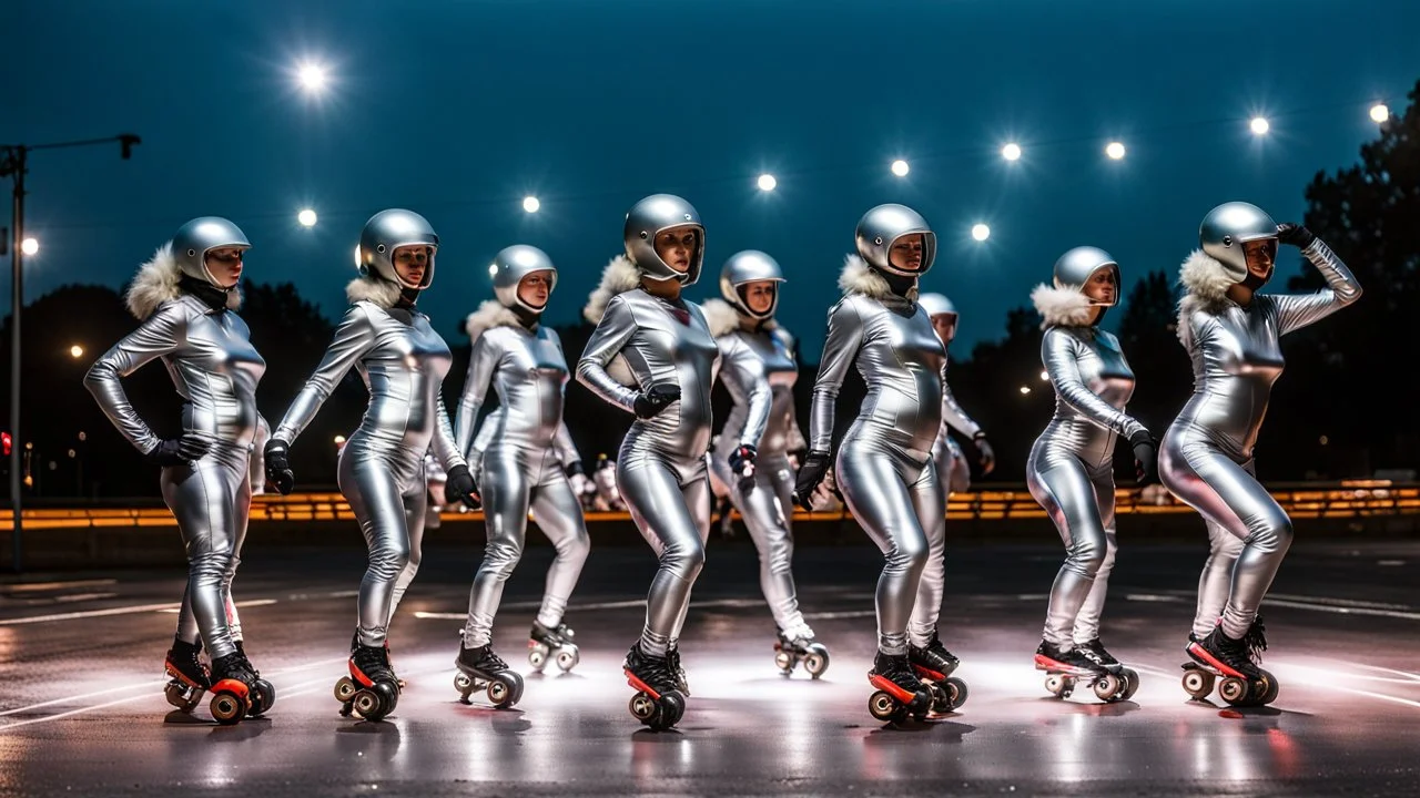 Hyperrealistisch dutzende Rollergirls völlig verhüllt von silber glänzendem Ganzkörper-Zentai mit geschlossenem verspiegelten Visier in identischen silberfarbenen, geschlossenen Helmen fahren in präziser Formation parallel nebeneinander und hintereinander mit silbernen Rollschuhen unter Flutlicht auf Asphalt