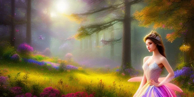 bright fairy, beautiful portrait, flowery landscape