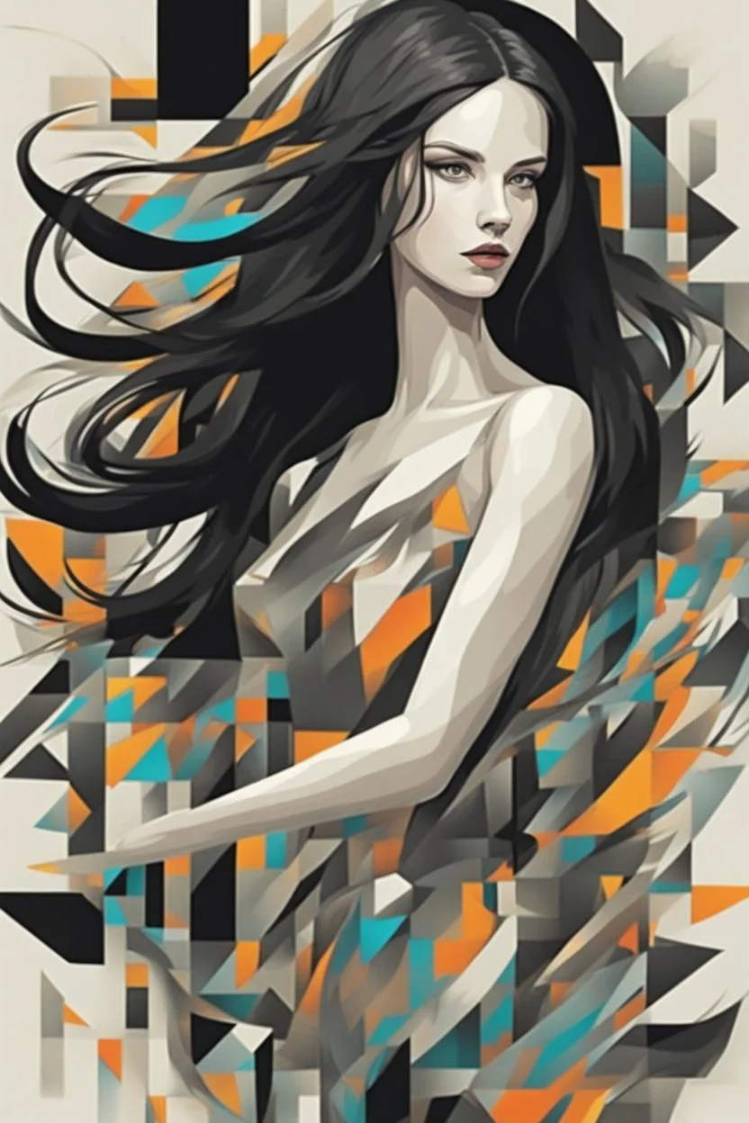 Neo Surrealism, whimsical art, Analytical Cubism Illustration Design a perfect pretty girl, black long hair, Split-Complementary color guide, Plasma Energy Texture, abstract background, girl, Pose with movement, often for geometric deconstruction, monochromatic palette, or fragmented forms.