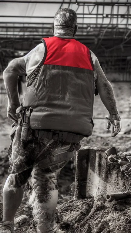 full figure shot photography of two turkish dirty burly construction workers chubby sweat 55 years old in tank top, safety vest, manly chest ,in queue on a sidewalk,, photorealistic, sunlight, summer, ambient occlusion