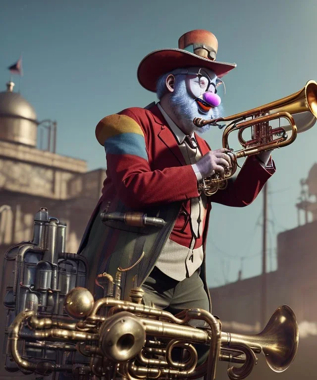 mechanoid old friendly fat clown with trimmed beard playing jazz with a steampunk theme, trumpet, realistic