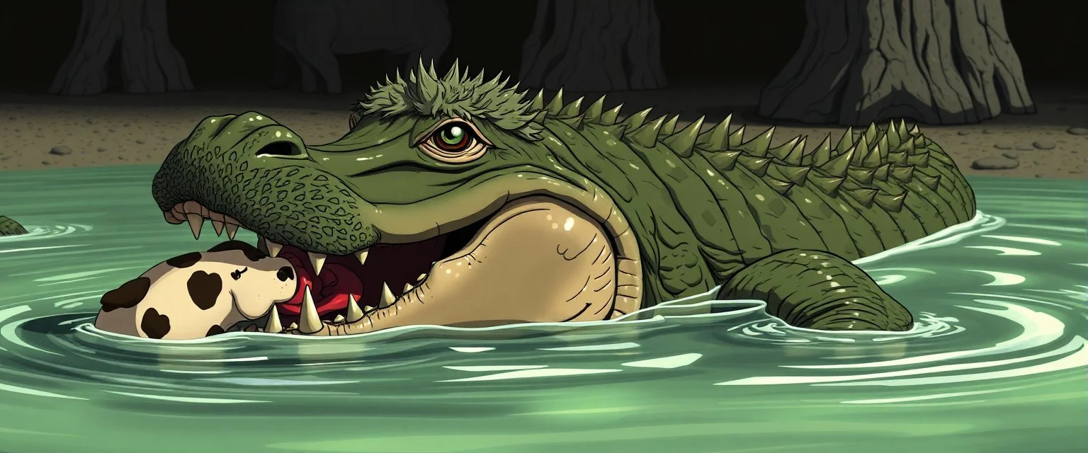 realistic anime crocodile hippo pimp with fluffy hair, doing dog things and eating small dog in the style of fallout 4 and giger and escher