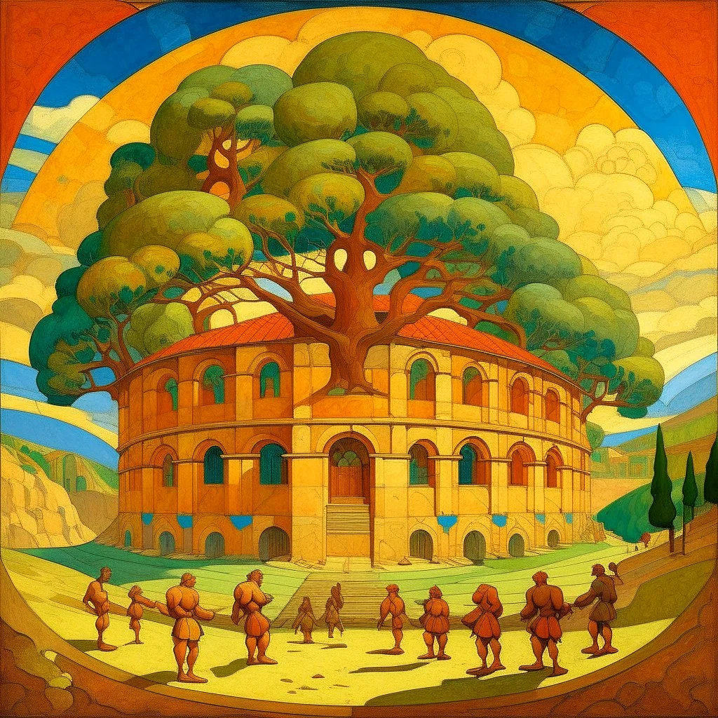 A tan coliseum with fighters painted by Paul Ranson