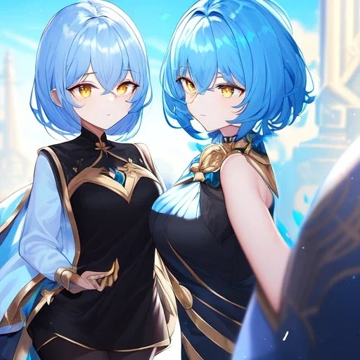 Clear focus, High resolution, short light blue fluffy hair, hair between eyes, yellow eyes, wearing black magma shorts, detailed outfit, blue and black outfit, gold accessory, female