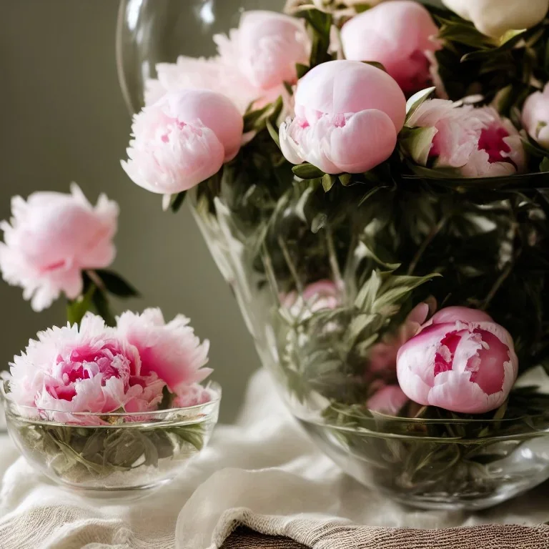 Cinematic shot of peonies inside a glass bowl, glass, crystal, linen, dewdrops, warm lighting, luxurious, terrarium