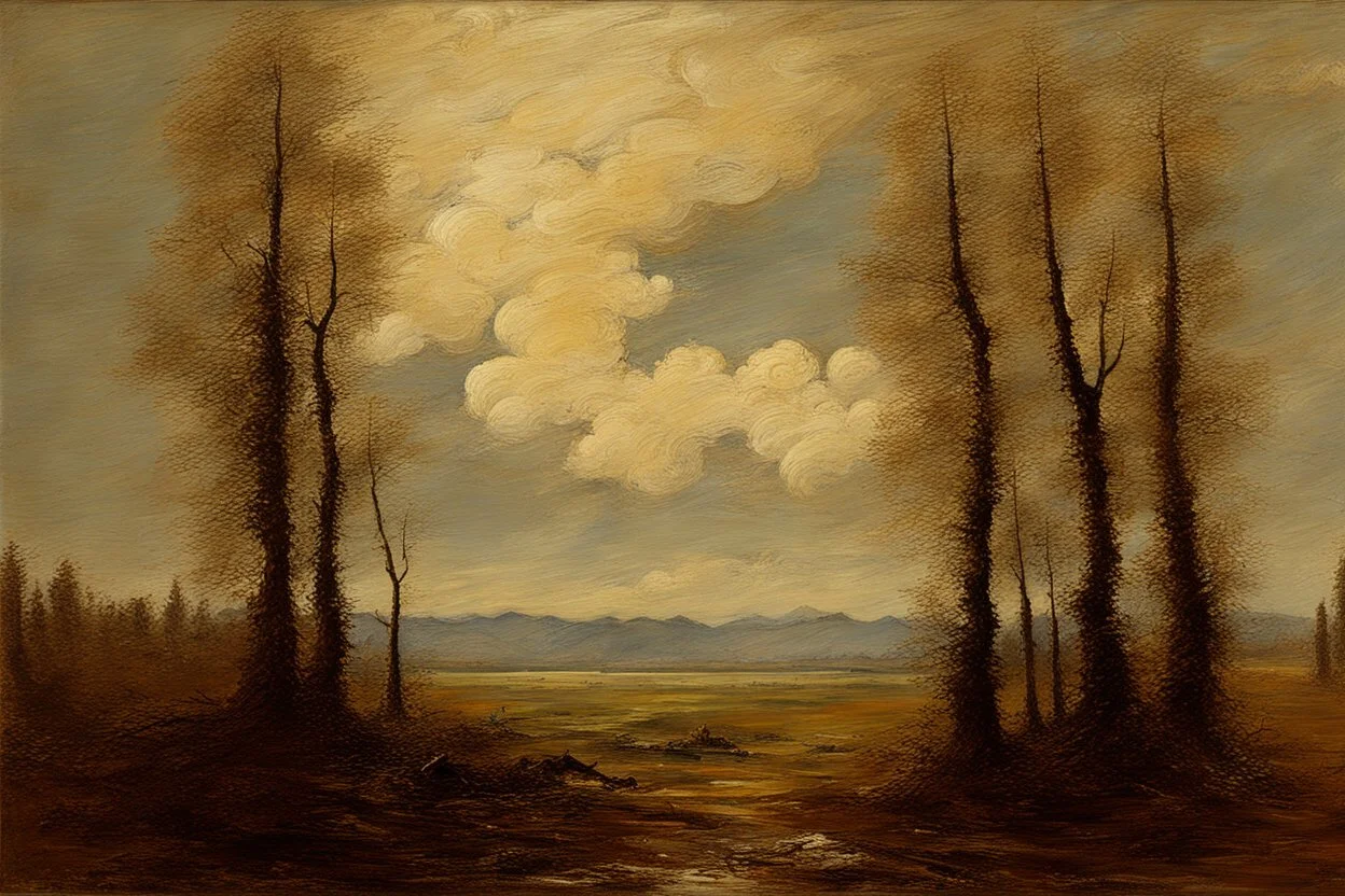 Trees, clouds, 2000's gothic films influence, otto pippel and willem maris impressionism painting