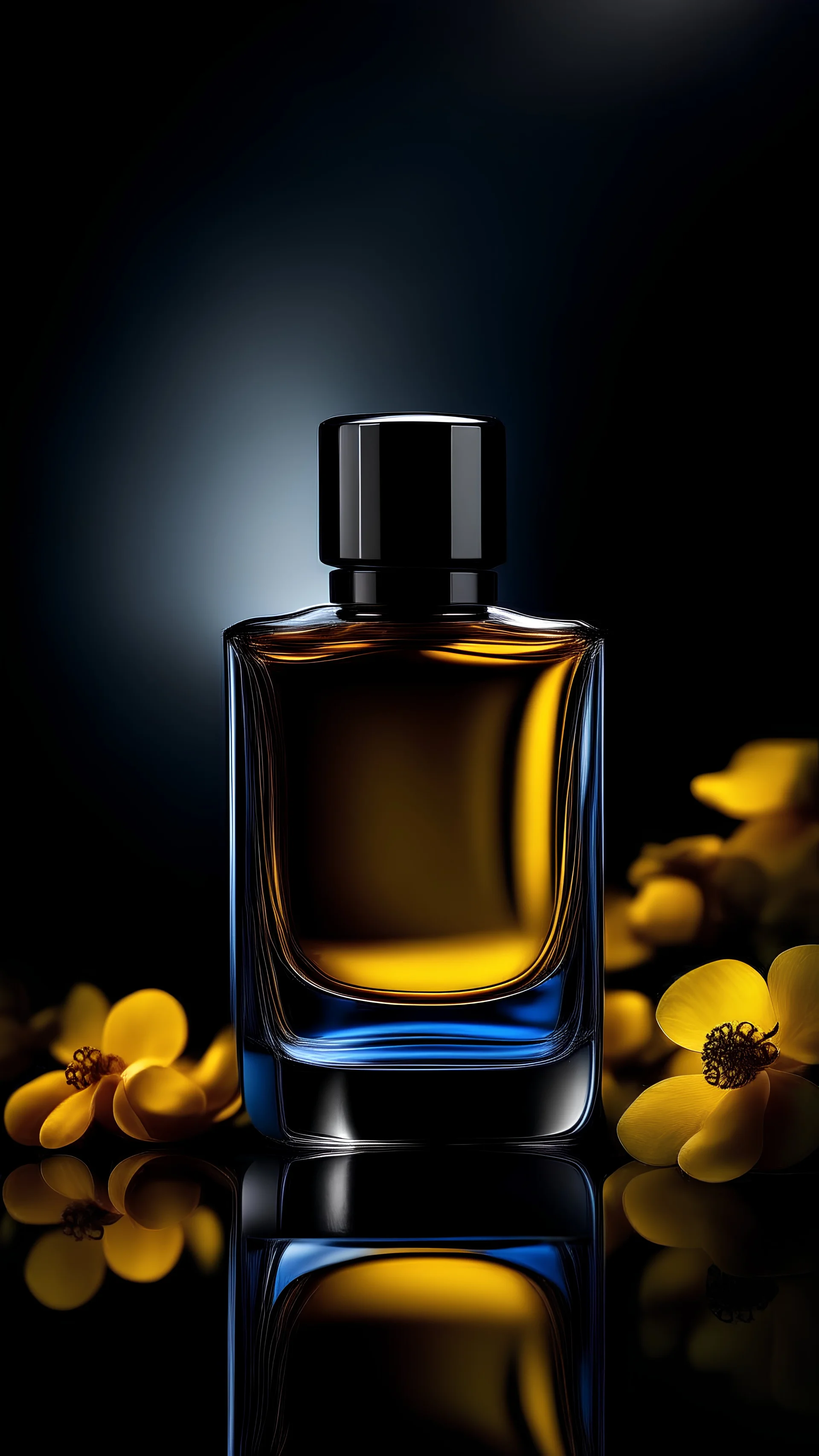 A very special design of a manly perfume bottle among yellow blossoms