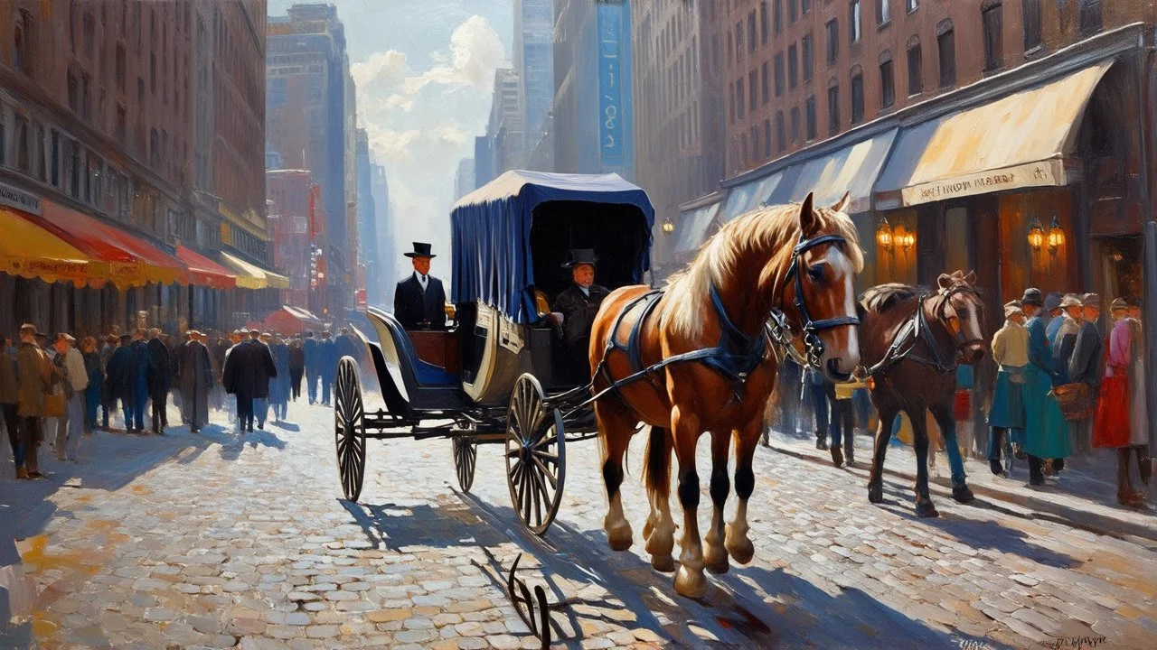 An oil painting of a New York City cobblestone street with an elegant horse and covered carriage in 1880, with vibrant colors and masterful brushstrokes reminiscent of Dutch Golden Age painting. The scene captures the stillness of the moment and the energy of a bustling community, with Baroque lighting techniques enhancing the textures and depth.