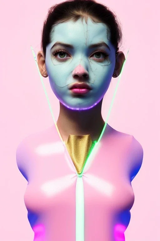 Ultra Realistic image, Rosalía artist, portrait, normal complexion, natural small busty, traditional little tattoo, two bows, little chopsticks hair ,black eye long liner, latex t-shirt and inflatable coat, gold pink and blue style, spray line glow make up, geometric led jewelry, fog, cold, inflatable style latex coat, vibrant color, highly detailed, art stations, concept art, smooth, unreal engine 5, god rays, ray tracing, RTX, lumen lighting, ultra detail, volumetric lighting.