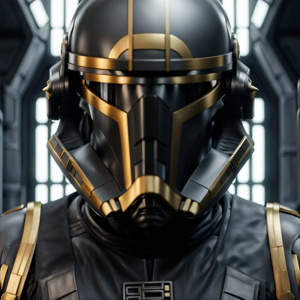 star wars bald male corellian pilot wearing pearlescent black and gunmetal grey First Order special forces heavy assault armor and helmet with gold trim inside the jedi temple, centered portrait, hyperdetailed, dynamic lighting, hyperdetailed background, 8k resolution, volumetric lighting, light skin, fully symmetric details