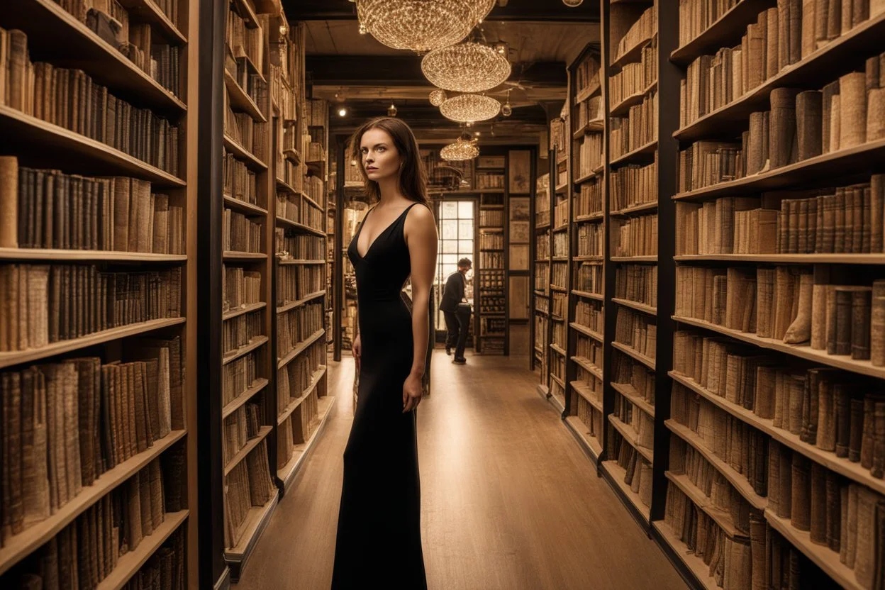 full-height shot of a woman in a tight black dress, inside a large magic book shop, shelving, lights, books, bottles, windows