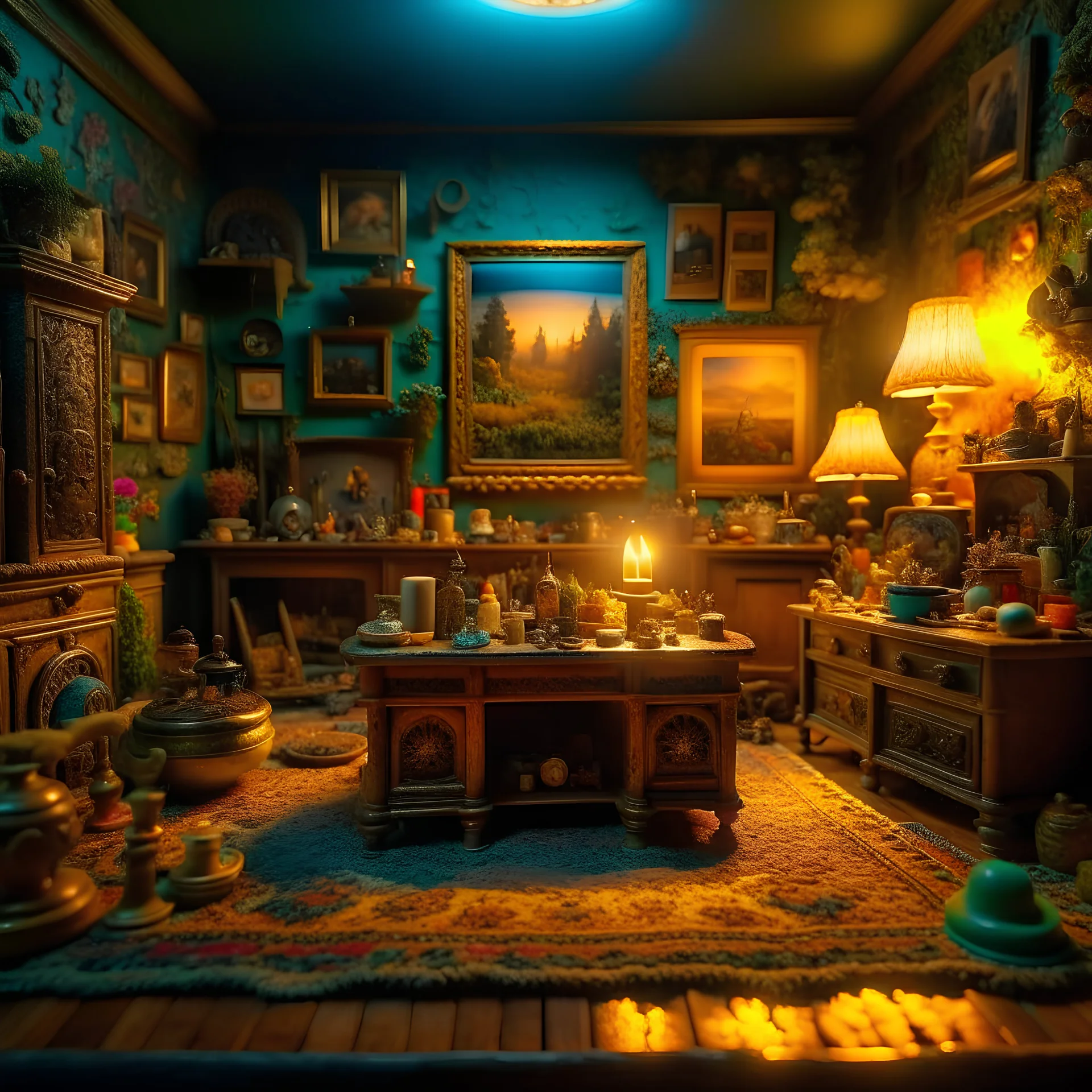 Diorama of old stuff in a room, sharp focus, 8k, 3d, very detailed, volumetric light, grim, fine art, very colorful, ornate, 35mm, F/2.8, insanely detailed and intricate, hypermaximalist, super detailed, decadent