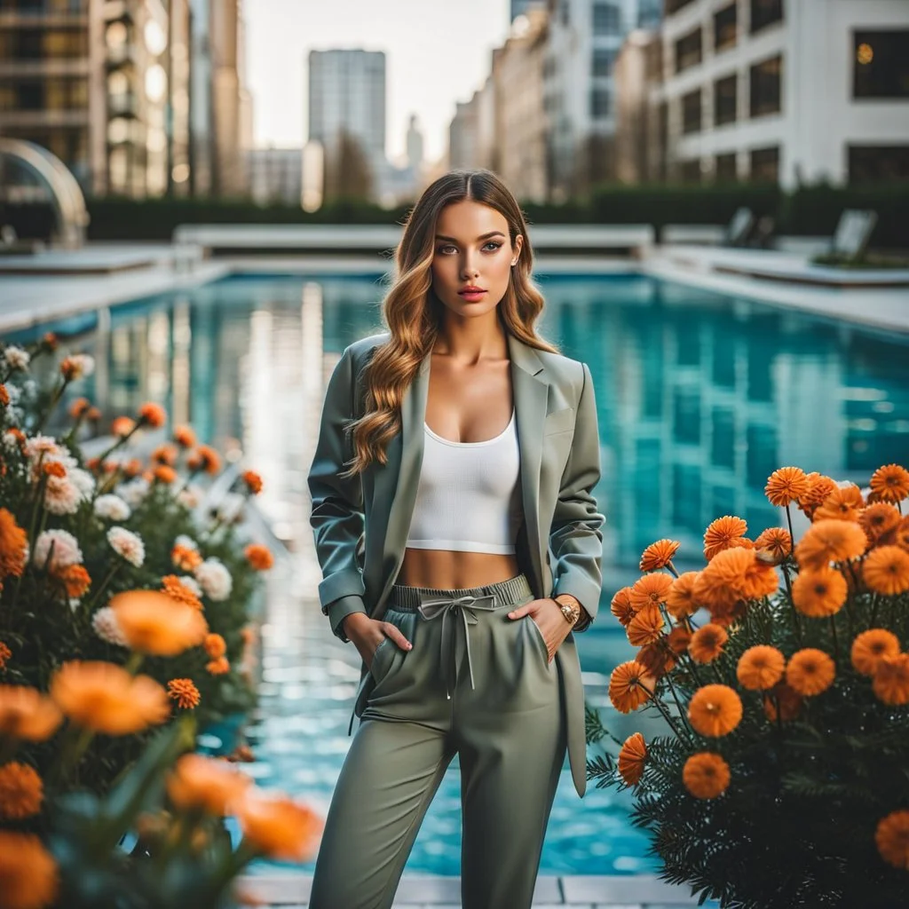 fullbody shot of young-beautiful-girl-with-a-perfect-face-with-make-up-wearing- sport pants and jacket standingnext to a big Square with a flowers and small round pool with clean water in center , modern city scape environment .