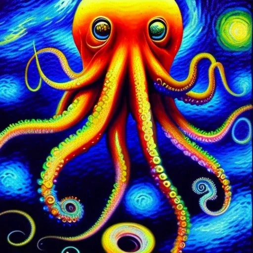 Dibujo al oleo de el pulpo pintado con muchas nubes de colores estilo Vincent van Gogh