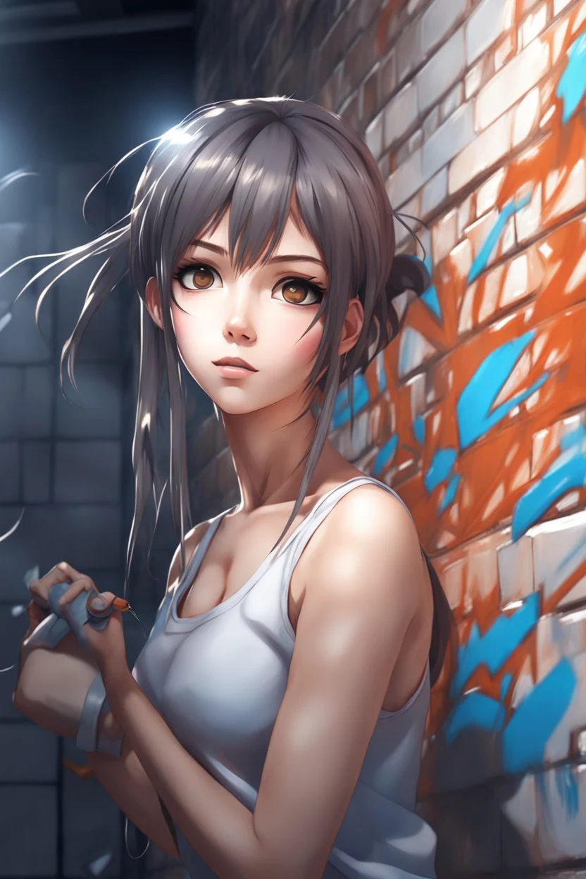 8k quality realistic image of a beautiful anime girl, doing wall graffiti,action, up close, 3d