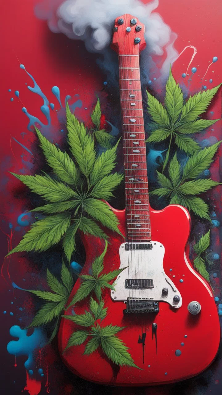 A red electric guitar with weed leaves in the background and smoke , graffiti art, splash art, street art, spray paint, oil gouache melting, acrylic, high contrast, colorful polychromatic, ultra detailed, ultra quality, CGSociety, plant based skink,