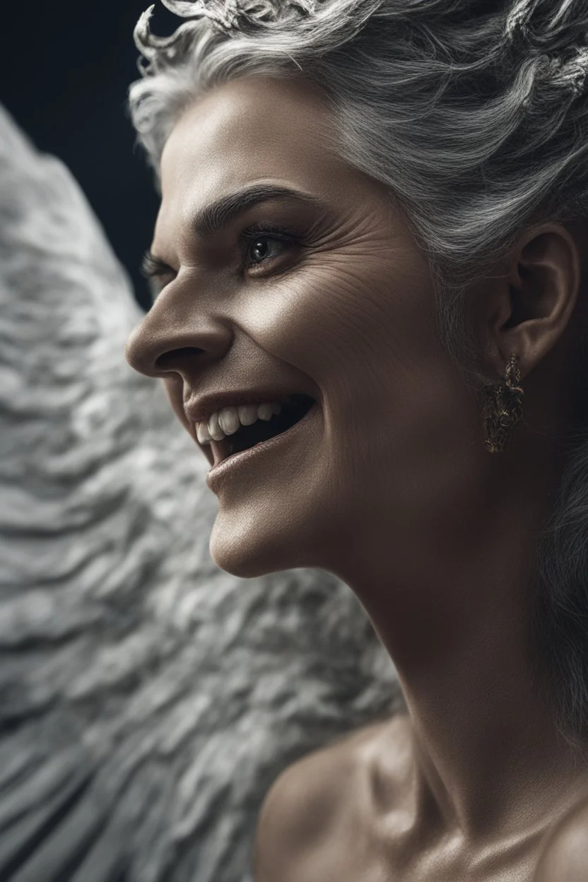 a very close up side profile image of an evil angel, smiling,8k quality, supper realistic