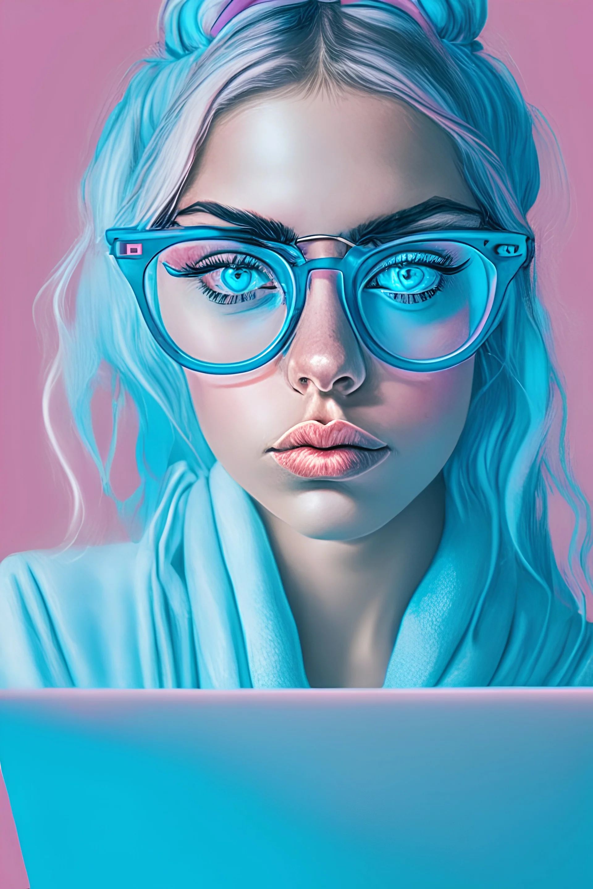 woman with blue lens eyeglasses using a laptop, pastel colors