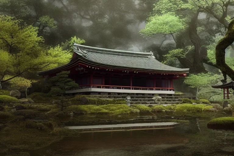 a ancient japanese temple in the middle of a forest mear a small river, extremely highly detailed, high quality, 8k hdr, octane render, unreal engine 5, hyperrealistic, concept art, trending on artstation, dramatic lighting, cinematic, high coherence, path tracing, ruins, clouds in the sky, singular building, centered