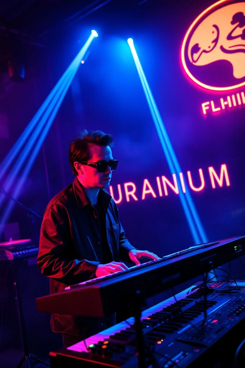 French cool synth player, he is called "Jean-Maurice Brûlée" performing at dance club, his name is "Jean-Maurice Brûlée" , white and blue Neon lights and smog, an earth is projected in background, and "URANIUM" big sign on the wall, he is playing on synthesizers on stage with lot of laser beams and wearing black sunglasses,