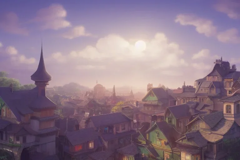 a wholesome animation key shot of a traditional city with tiled roofs, architecture, very detailed, medium shot, studio ghibli, pixar and disney animation, sharp, rendered in unreal engine 5, anime key art by greg rutkowski, bloom, dramatic lighting, blue sky with clouds