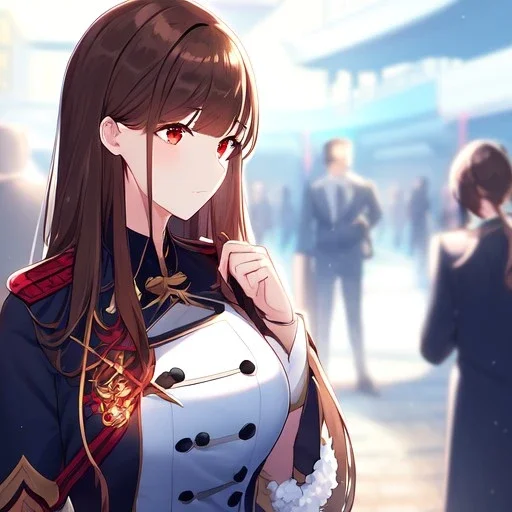 Clear Focus, High resolution, glowing red eyes, wearing a train conductor uniform, long dark brown hair, front hair is straight but the rest is fluffy