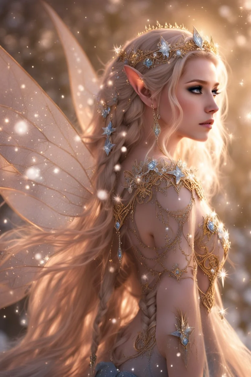 Elven princess,elven crown,long white blonde golden hair,rapunzel hair,ice flowers,beautiful,light blue,dark blue,golden armor,sparkle,glitter,ice flowers,snow,elven ears,dark fairy princess