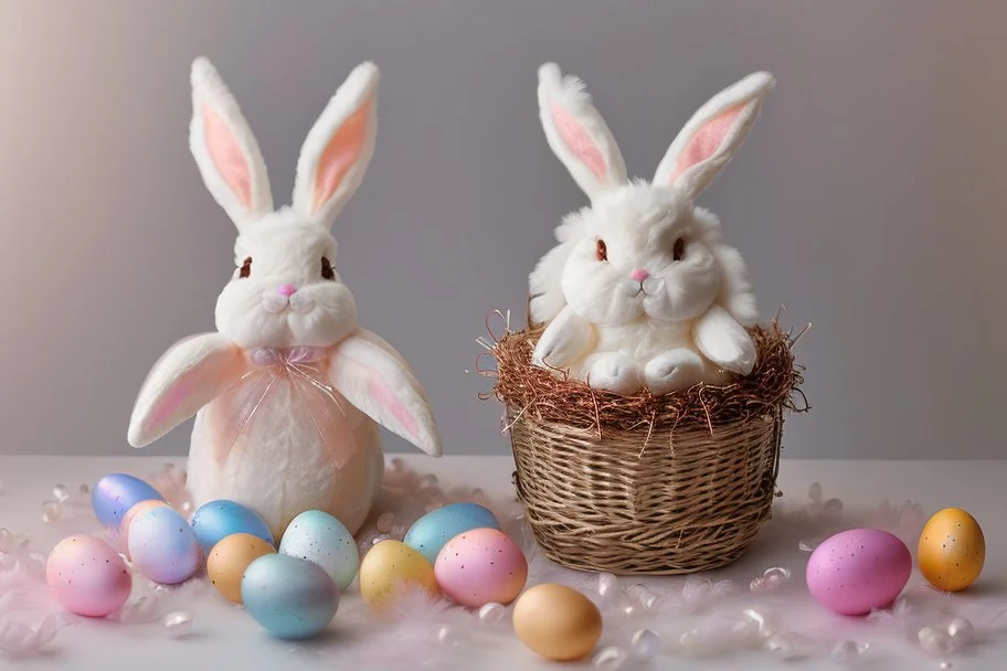 cute chibi plushy fluffy knitted and embroidered natural colored easter bunny in basket, feathers, easter eggs, iridescent flowers incorporated, light emitting, cracked bioluminescent holographic marble background, silver foil, sparkling diamonds, holographic raw pearls, ethereal, cinematic postprocessing