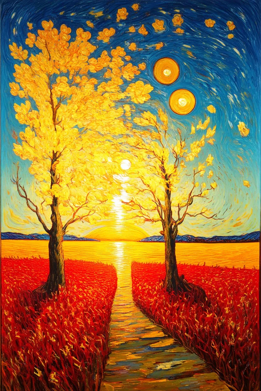 the silent presence in which everything else appears; in the style of Vincent Van Gogh; dazzling; golden hour; golden ratio